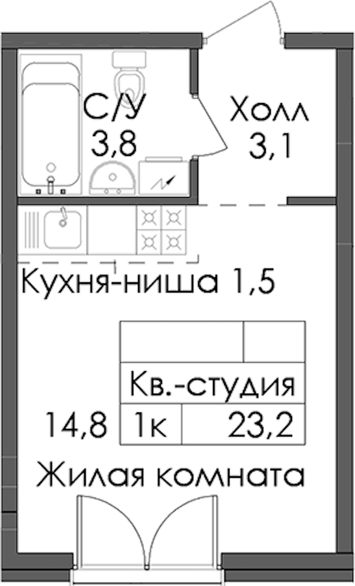 Квартира студия 23.2 м², 2/7 эт., ЖК «Лермонтовский 54»